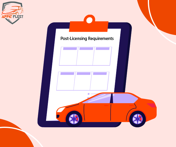 Board with 'Post Licensing Requirements' papers and a car, for Dubai fleet management and driving licence.